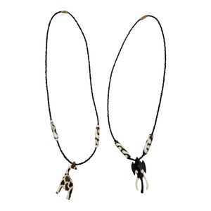 Vintage African Batik Bone Giraffe & Elephant Pendant Beaded Necklaces